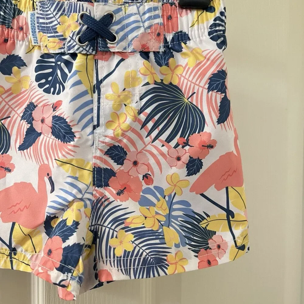 RuffleButts RuggedButts Tropical Flamingo Swim Trunks UPF 50+ Boys 6-12 Mos NWT
